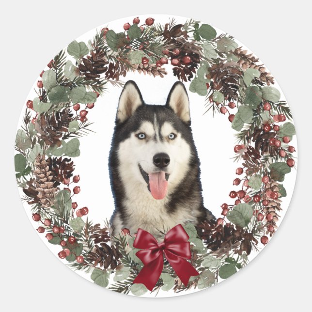 Pegatina Redonda Malamute Dog Red Bow Pinecone Wreath Navidades (Anverso)