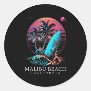 Pegatina Redonda Malibu Beach California Surfing Board Vintage Surf