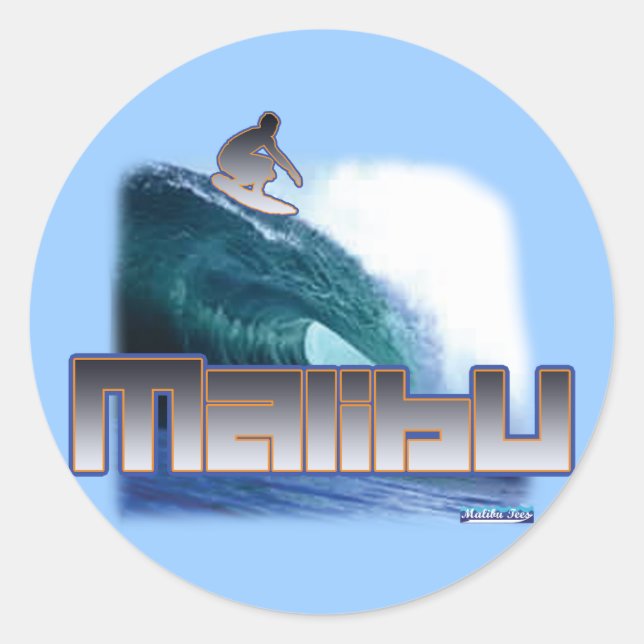 Pegatina Redonda Malibu Beach Surfing (Anverso)