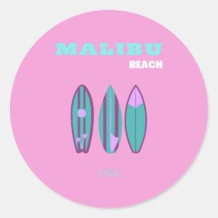 Pegatina Redonda Malibu, Malibu Beach, California, Preppy, Pink