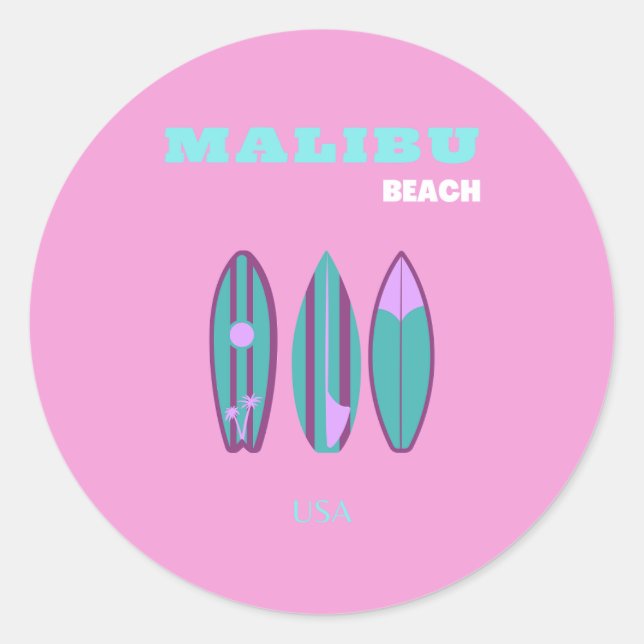 Pegatina Redonda Malibu, Malibu Beach, California, Preppy, Pink (Anverso)