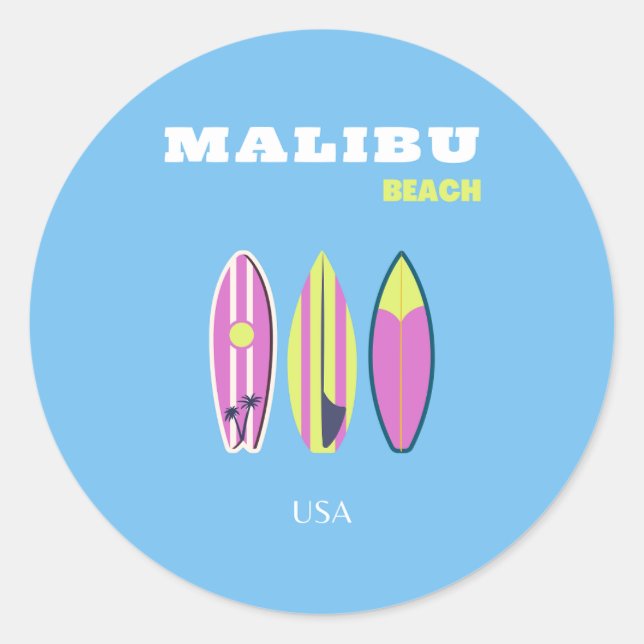 Pegatina Redonda Malibu, Playa de Malibu, Tropical, Preppy, Azul (Anverso)