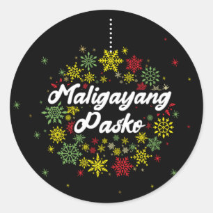 Pegatina Redonda Maligayang Pasko Snowflakes, Navidades de Filipina