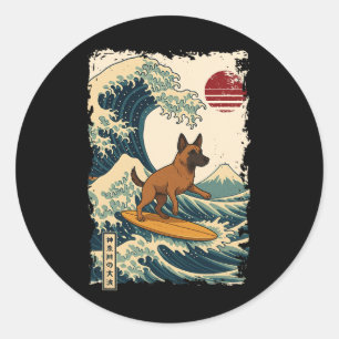 Pegatina Redonda Malinois Belga Surfing Ola Japonesa de Kanagawa