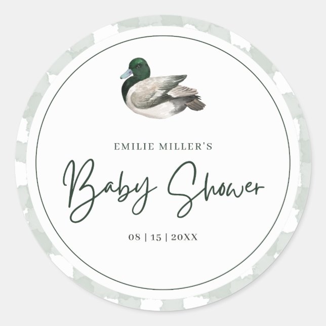 Pegatina Redonda Mallard Duck Baby Shower Gender Neutral Green (Anverso)