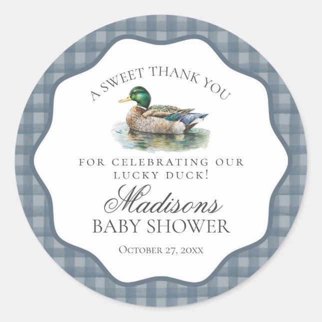 Pegatina Redonda Mallard Duck Hunting Gingham Baby Shower Circle (Anverso)