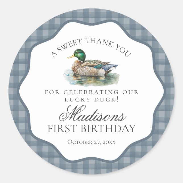 Pegatina Redonda Mallard Duck Hunting Gingham Boy Birthday Circle (Anverso)