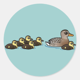 Pegatina Redonda Mallard y seis patos