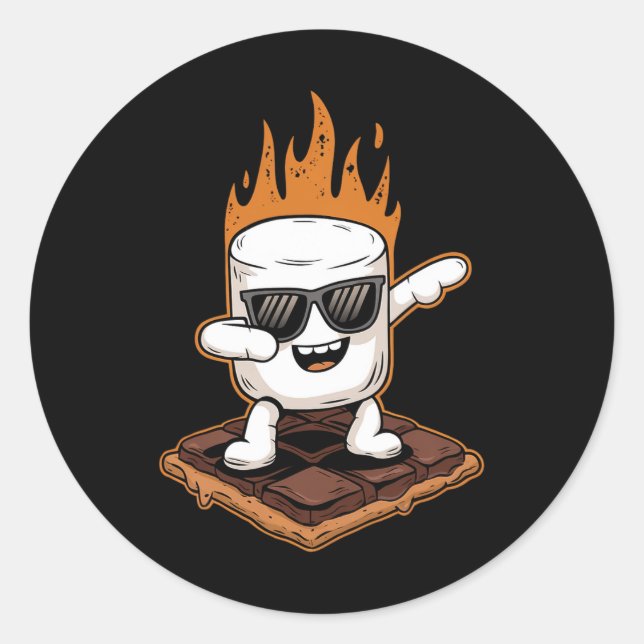Pegatina Redonda Malvavisco con dabbing de camping S'mores Kawaii  (Anverso)
