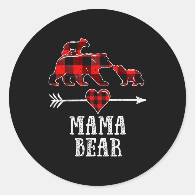 Pegatina Redonda Mama Bear 2 Cubs Shirt, Christmas Mama Bear Plaid  (Anverso)