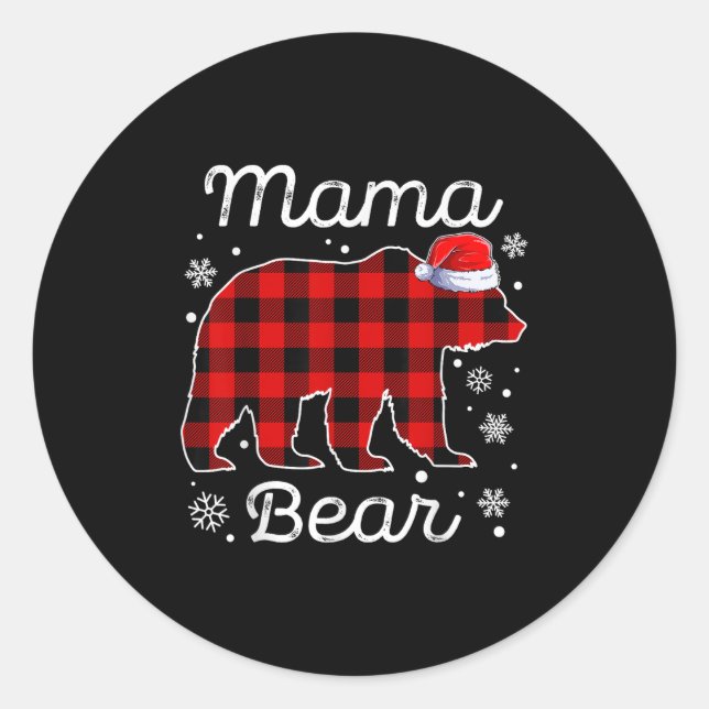 Pegatina Redonda Mama Bear Christmas Pajamas Red Plaid Buffalo Fami (Anverso)