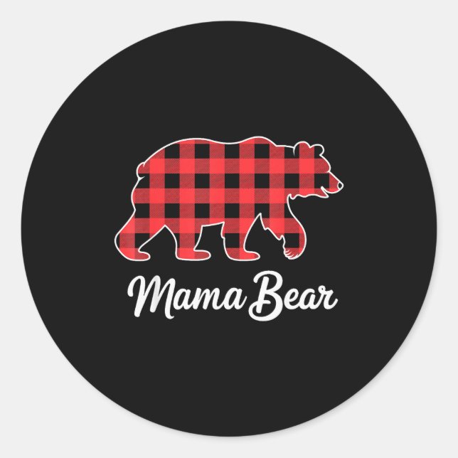 Pegatina Redonda Mama Bear Christmas Red Buffalo Plaid Family Match (Anverso)