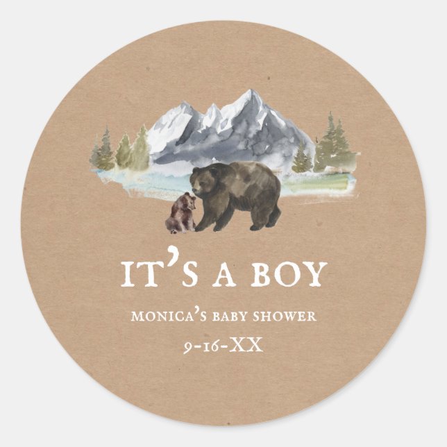 Pegatina Redonda Mama Bear Mountains Baby Shower Cardstock (Anverso)