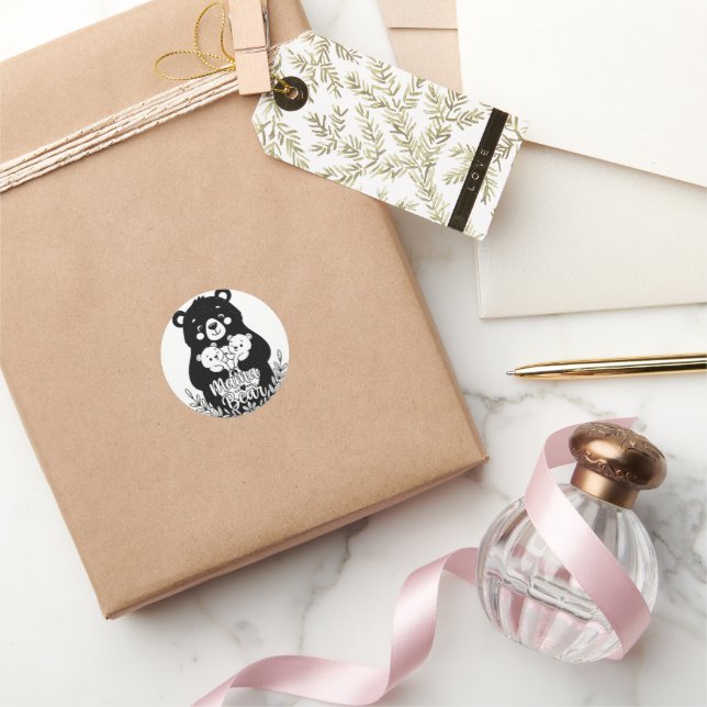 Pegatina Redonda Mama Bear with Two Cubs Heart Line Art Design (Regalar)