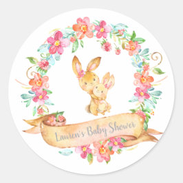 Pegatina Redonda Mamá bebé Bunny Floral Wreath Spring Shower