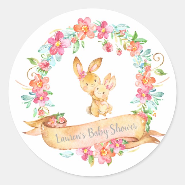 Pegatina Redonda Mamá bebé Bunny Floral Wreath Spring Shower (Anverso)