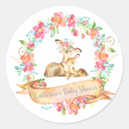 Pegatina Redonda Mamá Bebé Deer Floral Wreath Spring Shower Woodlan