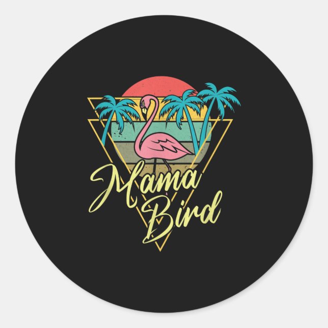 Pegatina Redonda Mama Bird Flamingo Sunset Palm Tree Beach 80 (Anverso)