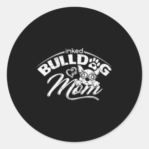 Pegatina Redonda Mamá bulldog tatuó al viejo Bulldog inglés Mamá ta
