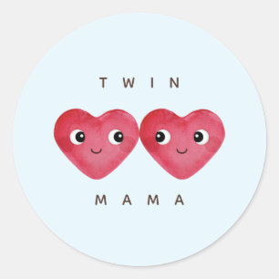 Pegatina Redonda Mama de gemelos con corazones de bebé en acuarela