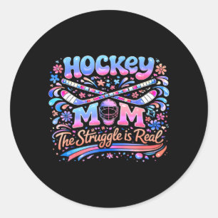 Pegatina Redonda Mamá de Hockey Rosa Azul Retro 70s Groovy Vintage