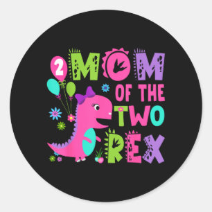 Pegatina Redonda Mamá de los dos Rex cumpleaños número 2 niño dinos