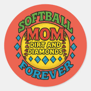 Pegatina Redonda Mamá del Softball Sucia y Diamantes para siempre