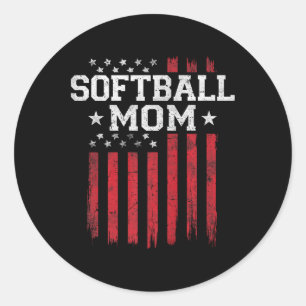 Pegatina Redonda Mamá del Softbol Orgullosa Bandera Estadounidense