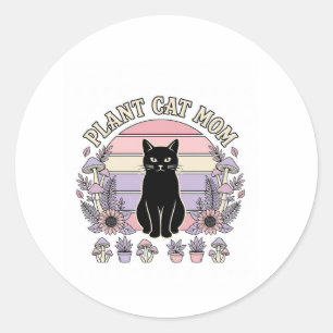 Pegatina Redonda Mamá Gato Planta Gato Plantas Cottagecore Vintage 