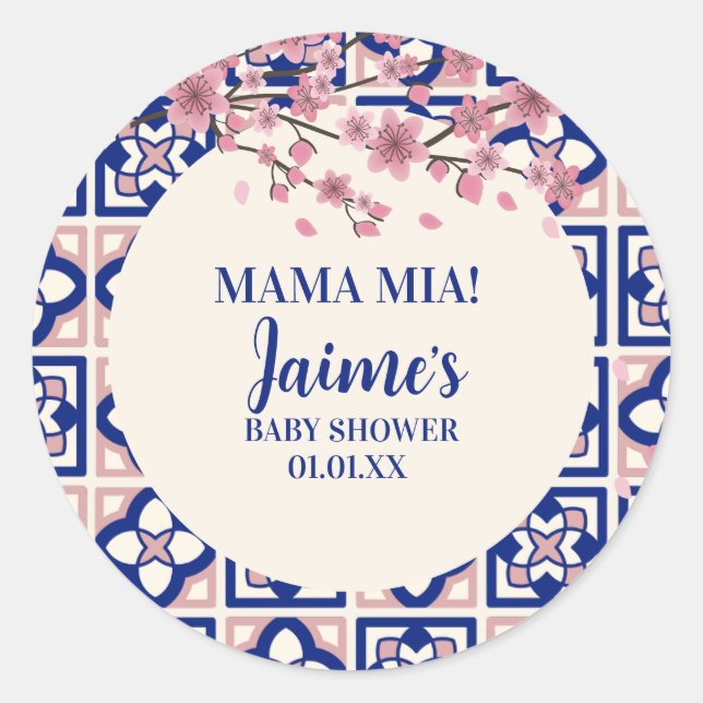 Pegatina Redonda Mama Mia Baby Shower Cherry Blossoms (Anverso)