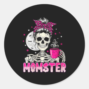Pegatina Redonda Mamá monstruo calavera amante del café de Hallowee