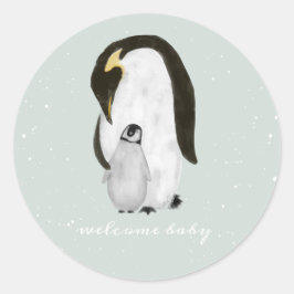 Pegatina Redonda Mama Penguin Winter Snow Blue Boy Baby Shower