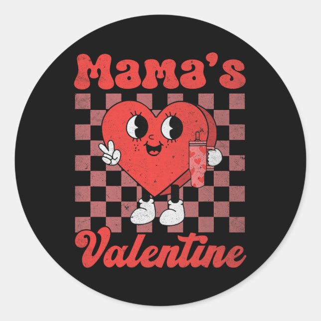 Pegatina Redonda Mamá Retro Groovy Es Mi San Valentín Corazón Bonit (Anverso)