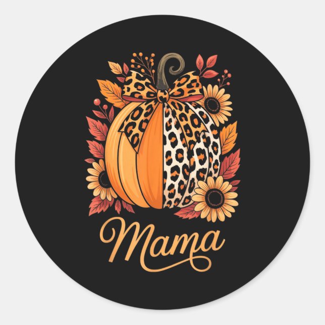 Pegatina Redonda Mama Thanksgiving Leopard Pumpkin Sunflower Coquet (Anverso)