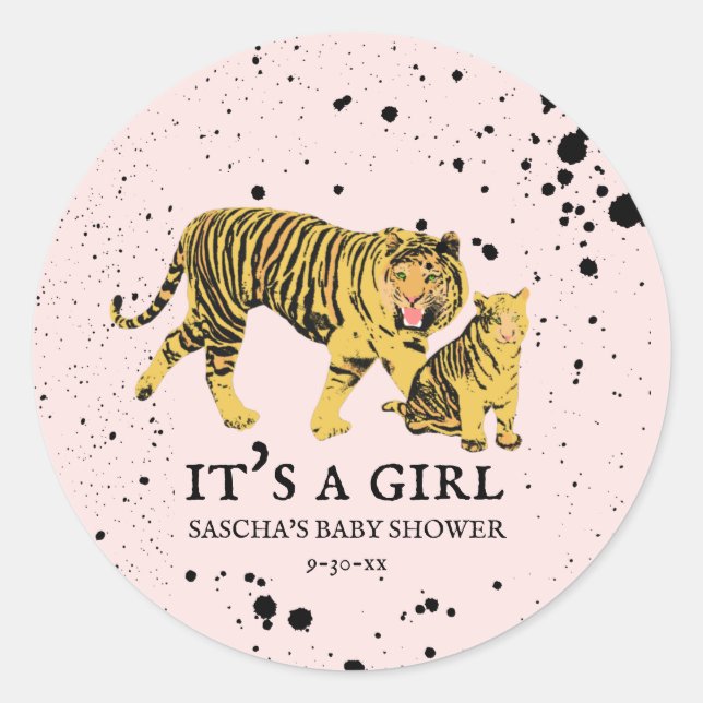 Pegatina Redonda Mama Tiger Chica rosado Baby Shower (Anverso)