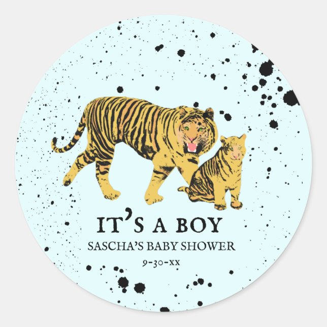Pegatina Redonda Mama Tiger Paint Splatt Blue Boy Baby Shower (Anverso)