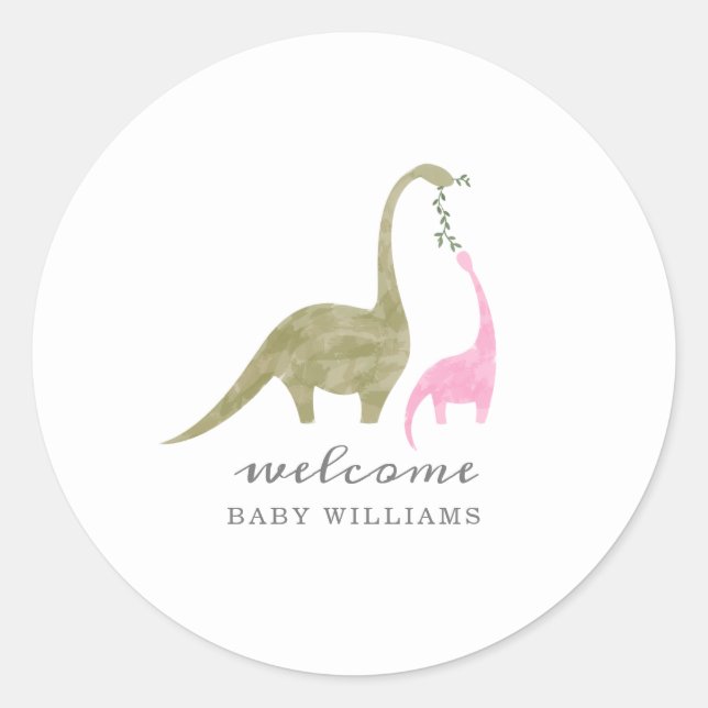 Pegatina Redonda Mama y Baby Dinosaur Pink Baby Shower (Anverso)
