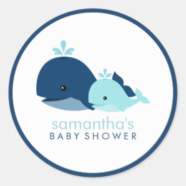 Pegatina Redonda Mamá y bebé ballena Baby Shower {blue}