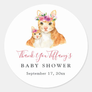 Pegatina Redonda Mamá y gato bebé floral gracias baby shower