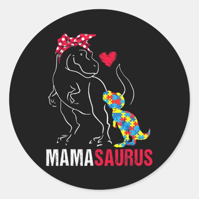 Pegatina Redonda Mamasaurus T Rex Dinosaur Mama Saurus Autism Aware (Anverso)