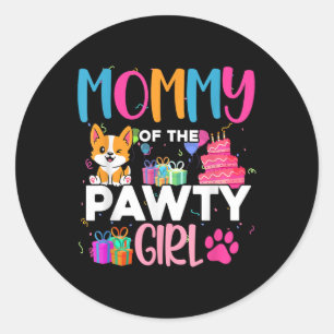 Pegatina Redonda Mami Of The Pawty Chica Corgi Dog Family Cumpleaño