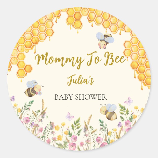 Pegatina Redonda Mami to bee cute Bumblebee Floral Baby Shower (Anverso)