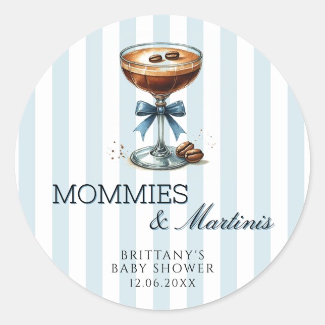 Pegatina Redonda Mamis y Martinis Blue Bow Boy Baby Shower (Anverso)