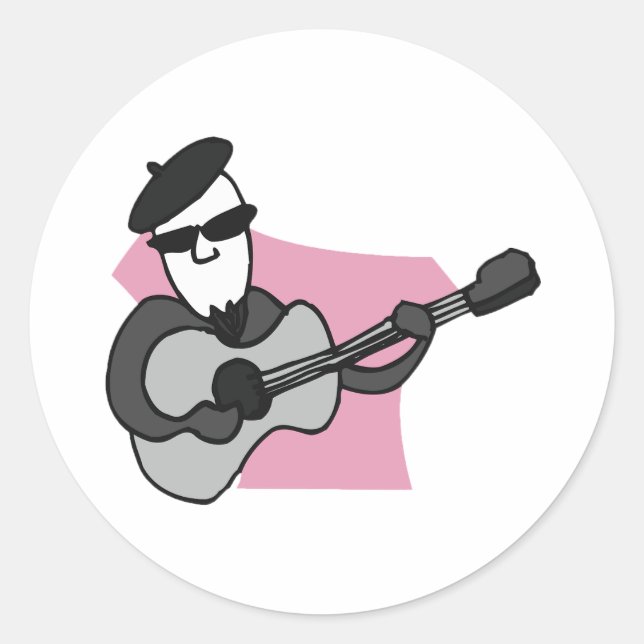 Pegatina Redonda Man Wearing Beret Playing Acoustic Guitar (Anverso)