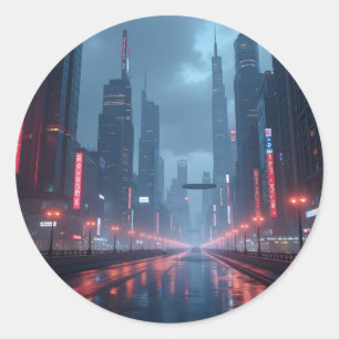 Pegatina Redonda Mañana de Neón – Clásico Paisaje Urbano Cyberpunk