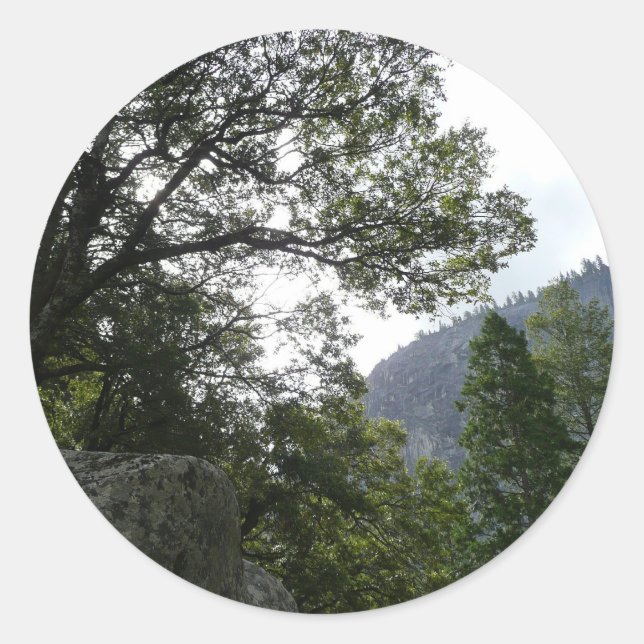 Pegatina Redonda Mañana en el sendero a las cataratas vernales en Y (Anverso)