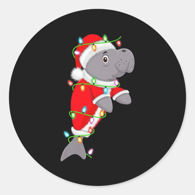 Pegatina Redonda Manatee Christmas Lights Santa Costume Cute Animal (Anverso)