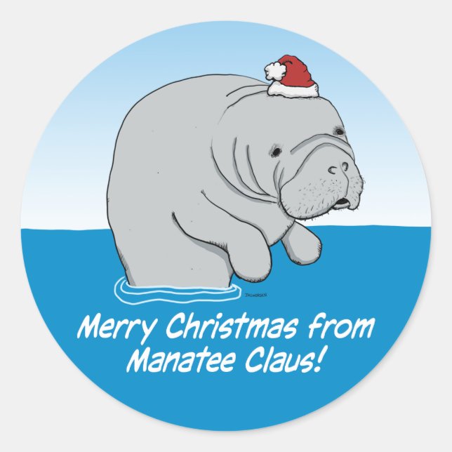 Pegatina Redonda Manatee Claus, gracioso y gracioso (Anverso)