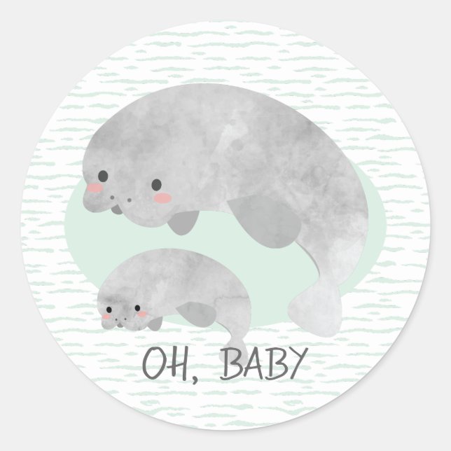 Pegatina Redonda Manatee con baño y bebé con Baby Shower con olas (Anverso)