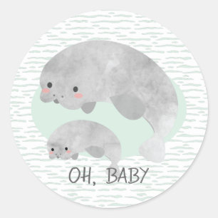 Pegatina Redonda Manatee con baño y bebé con Baby Shower con olas